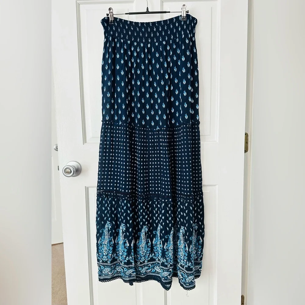 NEW! BILA Nola Tiered Maxi Skirt Boho Indian Block Print Blue Paisley Size L
